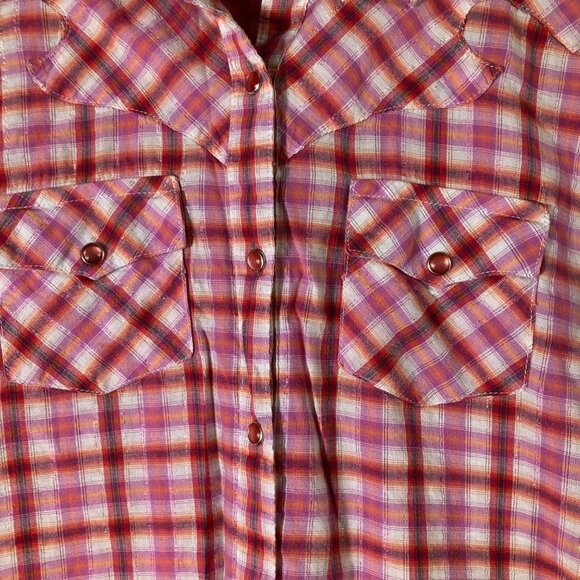 Womens Vintage Long Sleeve Western Pearl Snap Shirt M Pink Orange White - Picture 3 of 7